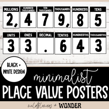 Preview of Classroom Decor: Minimalist (Black and White) Place Value Posters