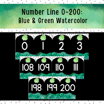 Preview of Classroom Decor Number Line 0-200 Blue and Green Watercolor