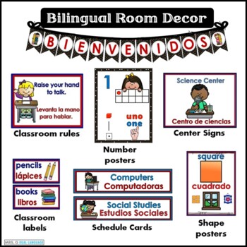 Preview of Classroom Decor Signs - posters and labels Spanish and English Bilingual BUNDLE