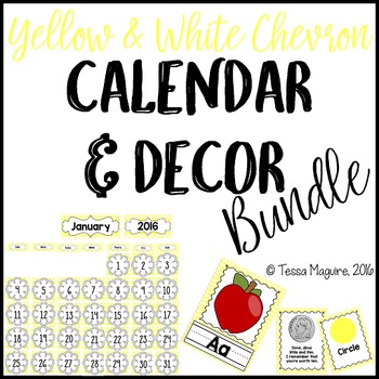 Preview of Yellow Chevron Classroom Calendar & Decor Bundle {Editable}