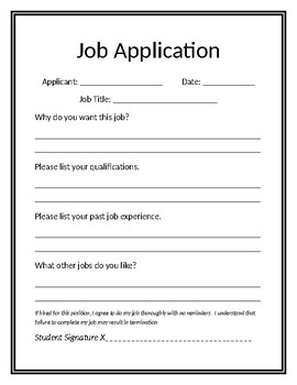 Preview of Classroom Economy Job Application