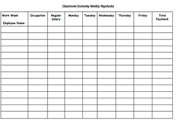 Preview of Classroom Economy Weekly Paycheck List
