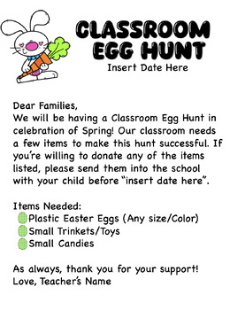 Preview of Classroom Egg Hunt Letter to Parents (FULLY EDITABLE) Available in Color & BW