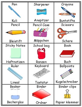 Preview of Classroom English/German Flash Cards, School Vocabulary Word walls Printables