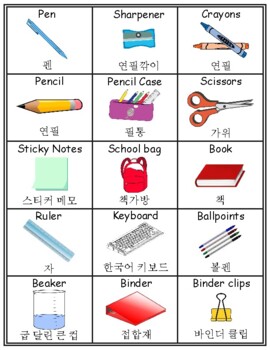 Preview of Classroom English/Korean Flash Cards, School Vocabulary Word walls Printables