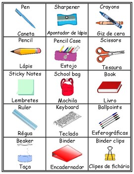 Preview of Classroom English/Portuguese Flash Cards, School Vocabulary Word walls Printable