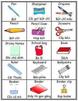 Preview of Classroom English/Vietnamese Flash Cards, School Vocabulary Word walls Printable