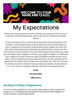 Preview of Classroom Expectations Sheet/Syllabus