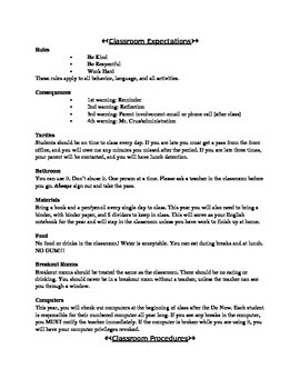 Preview of Classroom Expectations and Procedures Middle School