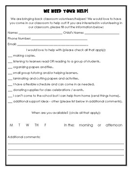 Classroom Helper/Volunteer Form by happynessinthird | TPT