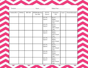 Preview of Classroom Information Reference Chart: Student Info Snapshot Pink Chevron