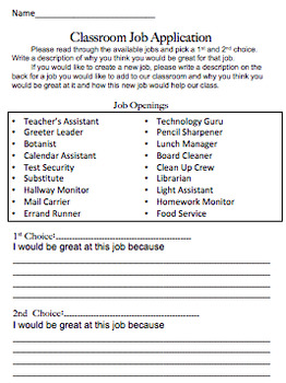 Preview of Classroom Job Application Editable