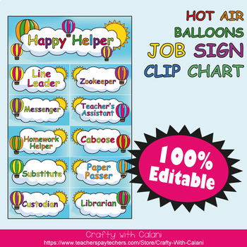 Preview of Classroom Job Sign Clip Chart in Hot Air Balloons Theme - 100% Editable