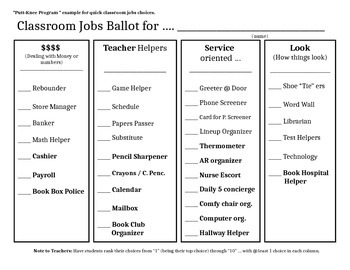 Classroom Jobs Ballot by The Putt-Knee Place to Be | TPT