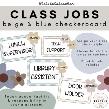 Preview of Classroom Jobs Display | Neutral Beige & Blue Checkerboard
