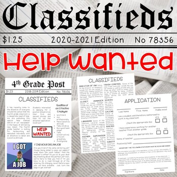 Preview of Classroom Jobs Help Wanted Classifieds Apply for Student Jobs 3rd-6th Grade