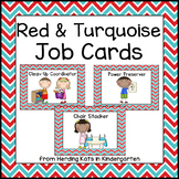 Classroom Jobs Signs with Red and Turquoise Backgrounds