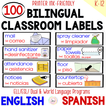 Preview of Classroom Labels BILINGUAL-DUAL English and Spanish with Pictures