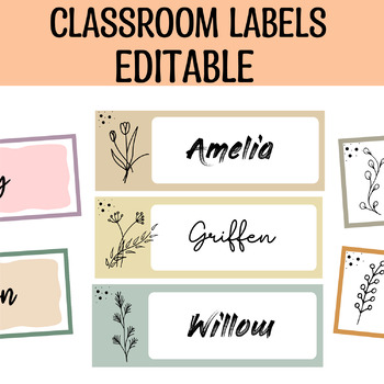 Preview of Classroom Labels, Boho Neutral Colors Name Labels, Botanical Name Tags