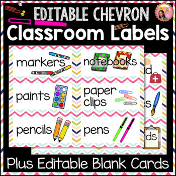 Preview of Editable Classroom Labels - Chevron Borders with pictures