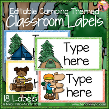 Preview of Camping Theme Classroom Labels - Editable