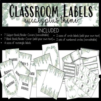 Preview of Classroom Labels *Eucalyptus Theme* Editable & Non-editable