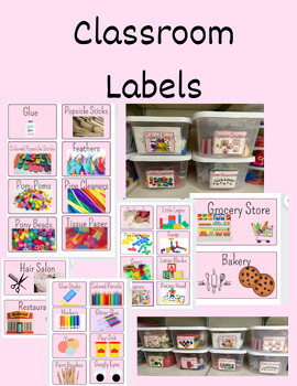 Preview of Classroom Supply Labels - Materials, Art, Dramatic Play (Pink Boho)