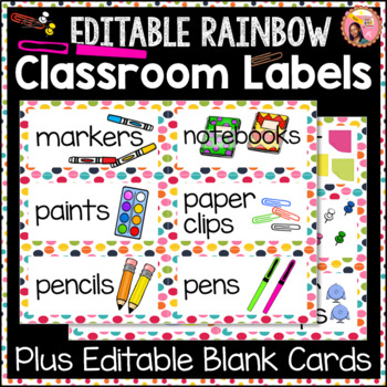 Preview of Editable Classroom Labels - Rainbow dot Borders with pictures