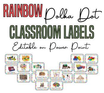 Preview of Rainbow Polka Dot Classroom Labels - Editable on PowerPoint