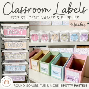 Preview of Classroom Labels | SPOTTY PASTELS | Editable | Muted Rainbow Classroom Decor