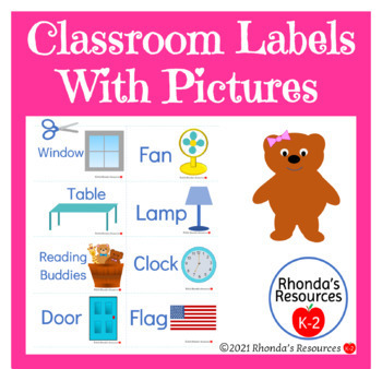 Preview of Classroom Labels With Pictures for the K-2 classroom