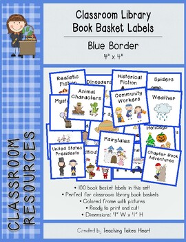 Preview of Classroom Library Book Basket Labels: Blue Border 4" x 4"