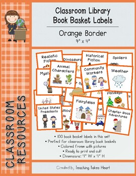 Preview of Classroom Library Book Basket Labels: Orange Border 4" x 4"