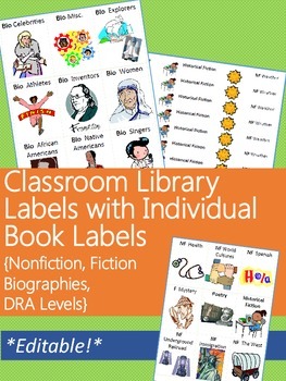 Preview of Classroom Library Labels with Individual Book Labels BUNDLE {Editable}