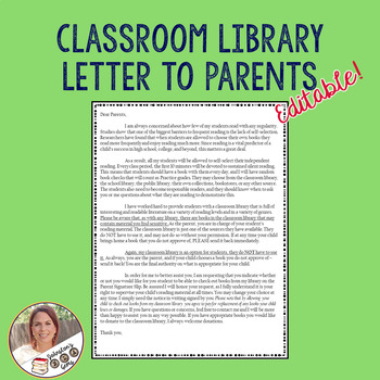 Preview of Classroom Library Letter to Parents- Back to School/ EDITABLE