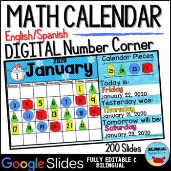 Preview of Classroom Math Calendar ♥ SPANISH | ENGLISH ♥ Interactive ♥ Editable