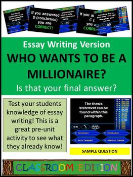 Preview of Classroom Millionaire (Essay Writing Version) Trivia Game