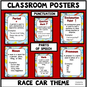 Preview of Grammar Posters-Parts of Speech, Punctuation Marks with a Race Car Theme