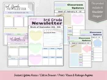Preview of Classroom Newsletter Bundle Pastel Hearts - Week/Month Newsletter - Sweetheart