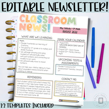 Preview of Classroom Newsletter Template- EDITABLE- Bright Stripes