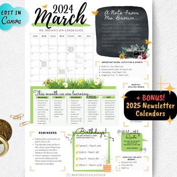 Preview of Classroom Newsletter Printable, March Newsletter, Monthly Newsletter Template