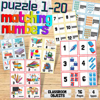 Preview of Classroom Objects Numbers 1 to 20 | 4 Types Matching Puzzles For Kindergarten