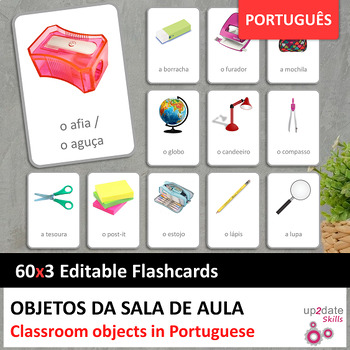 Preview of Classroom Objects in Portuguese printable flashcards (A4 size and Letter size)