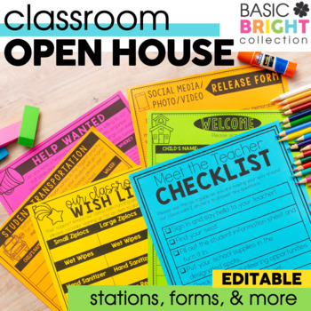 Preview of Back to School Night, Open House, & Meet the Teacher Forms and Stations Editable