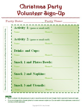 Classroom Party Volunteer Sign Up Sheet by A to Zak Inspired Learning