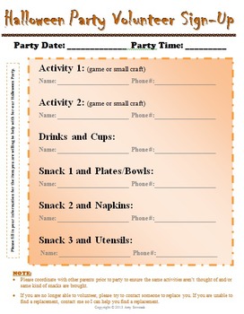 Preview of Classroom Party Volunteer Sign Up Sheet