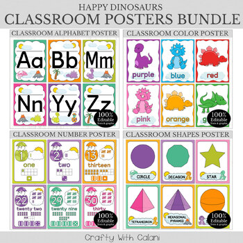 Preview of Classroom Posters & Flashcards Bundle in Cute Dinosaurs Theme - 100% Editable