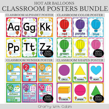 Preview of Classroom Posters & Flashcards Bundle in Hot Air Balloon Theme - 100% Editable