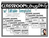 Classroom Reward Coupons with EDITABLE Template