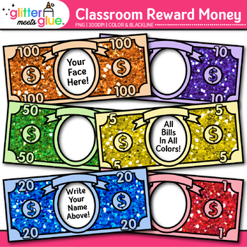 Preview of Classroom Reward Money Clipart: Printable Fake Play Bill Clip Art PNG B&W
